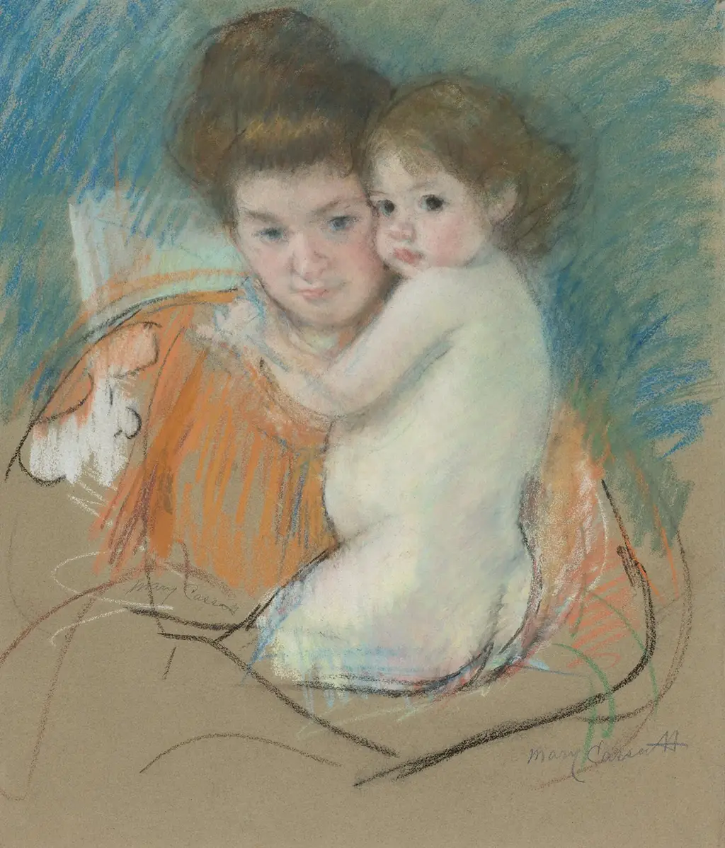 Mother and Child (Nude Dark-Eyed Little Girl with Mother in Patterned Wrapper) in Detail Mary Cassatt